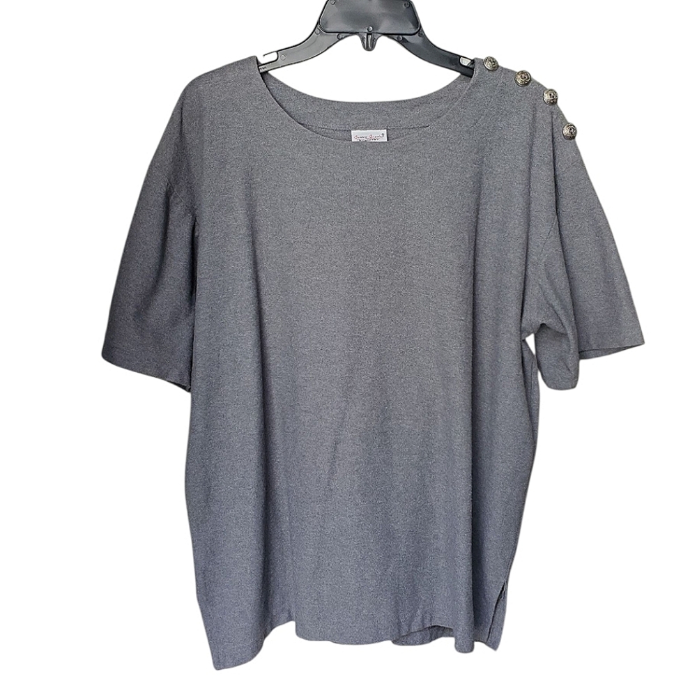 Vintage Bobbie Brooks Gray Short Sleeve Top With Shoulder Buttons - Medium